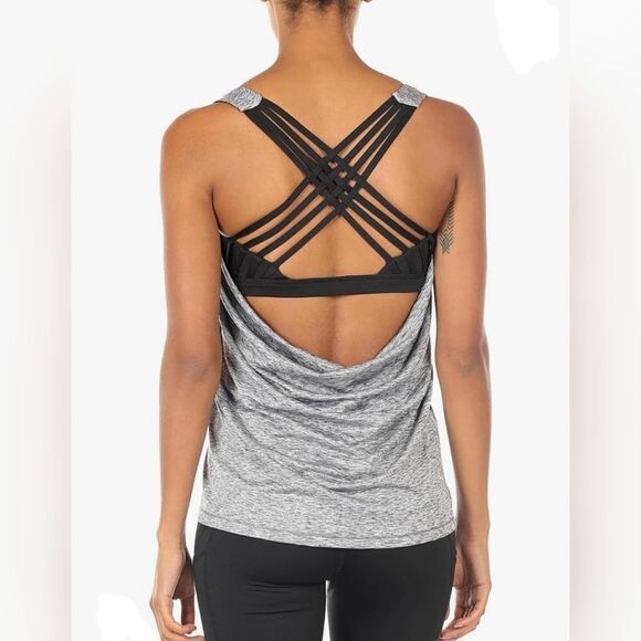 🔥Gray & Black Open Strappy Back Athletic Sleeveless Top Medium - Picture 3 of 10